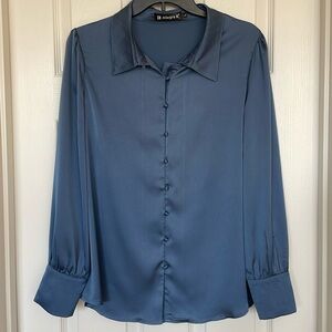 Allegra K Women's Satin Blue Button Down Blouse